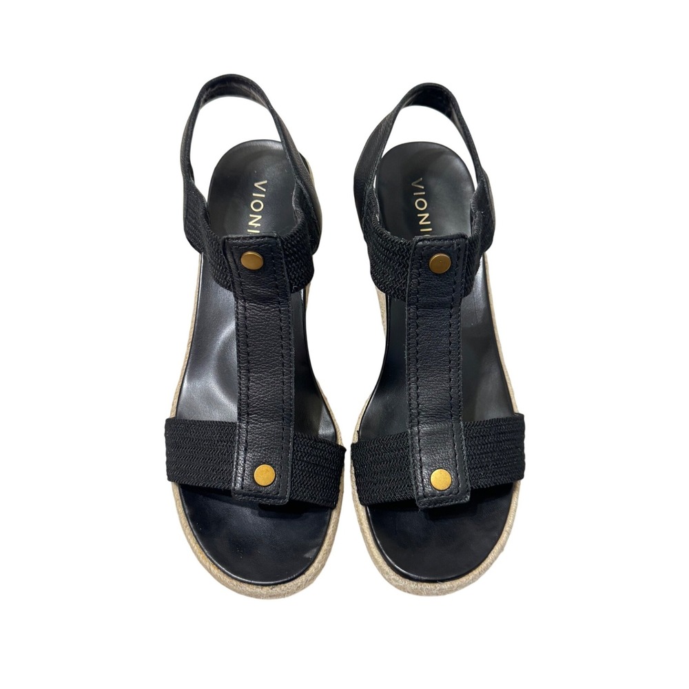 Vionic Calera Wedge Espadrille Sandals Women 9.5 Black Excellent Leather T-Strap - Picture 5 of 9